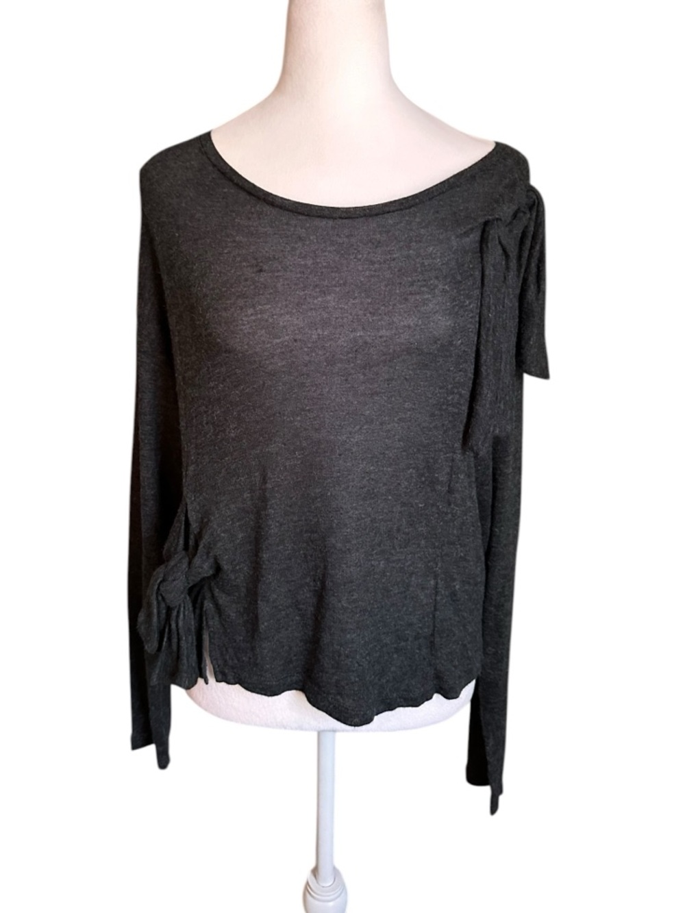 Zara Grey Knit Tie Long Sleeve Shirt Top Large